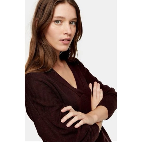 BOGOF! Topshop v neck ribbed burgundy sweater - Picture 2 of 5